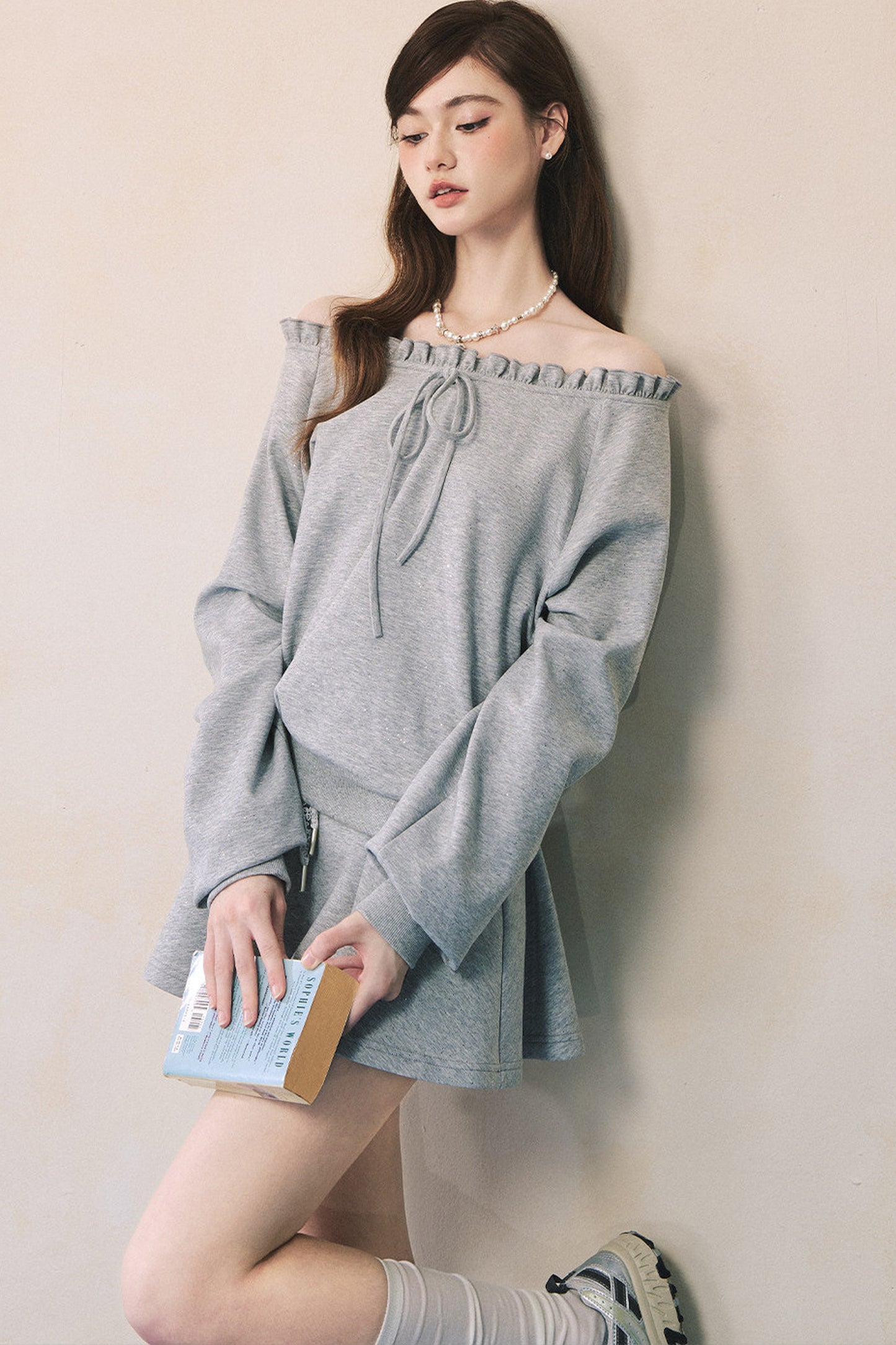 Gray Off-Shoulder Sweatshirt and Sweatpants Skirt Set-Up