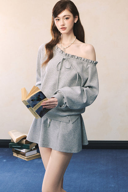 Gray Off-Shoulder Sweatshirt and Sweatpants Skirt Set-Up