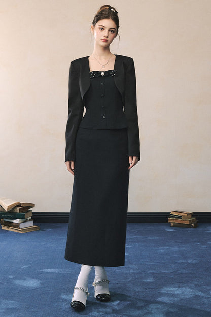 Elegant Black Suit with Waistcoat Blazer Set-Up