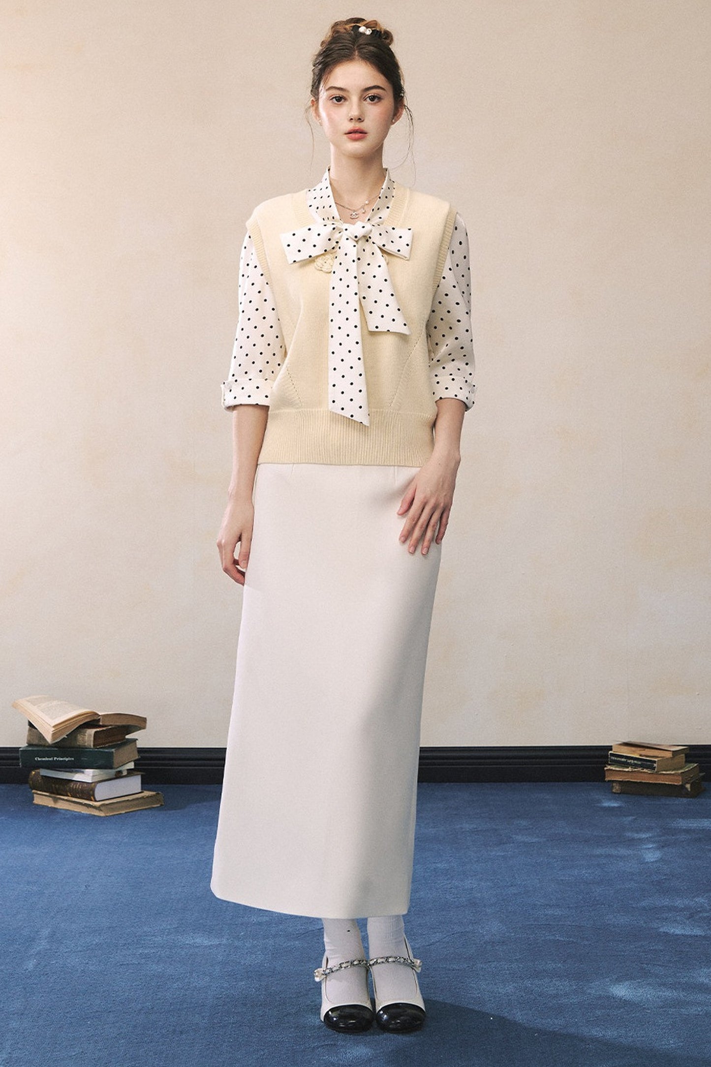 Polka Dot Satin Bow Tie Shirt and Skirt Set-UP
