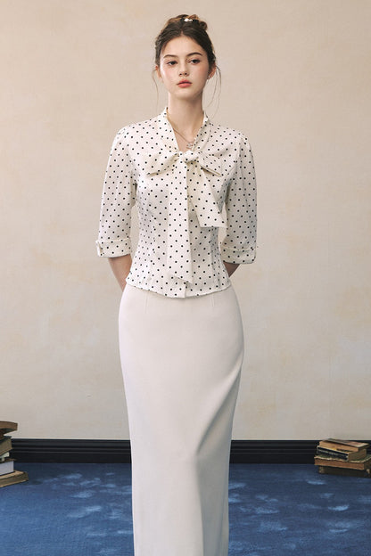 Polka Dot Satin Bow Tie Shirt and Skirt Set-UP