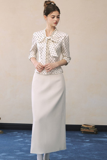 Polka Dot Satin Bow Tie Shirt and Skirt Set-UP