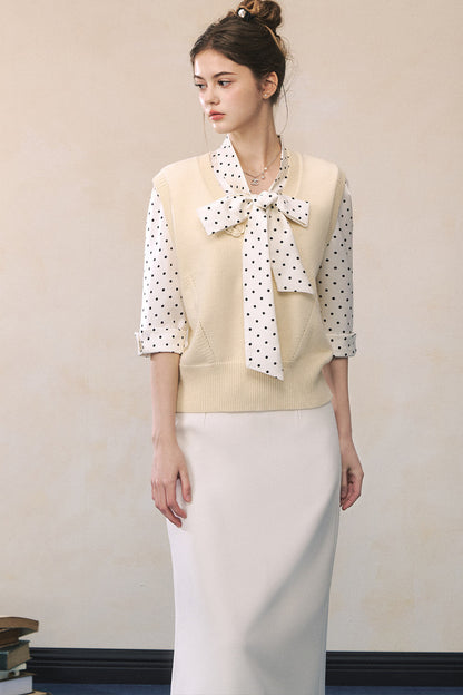Polka Dot Satin Bow Tie Shirt and Skirt Set-UP