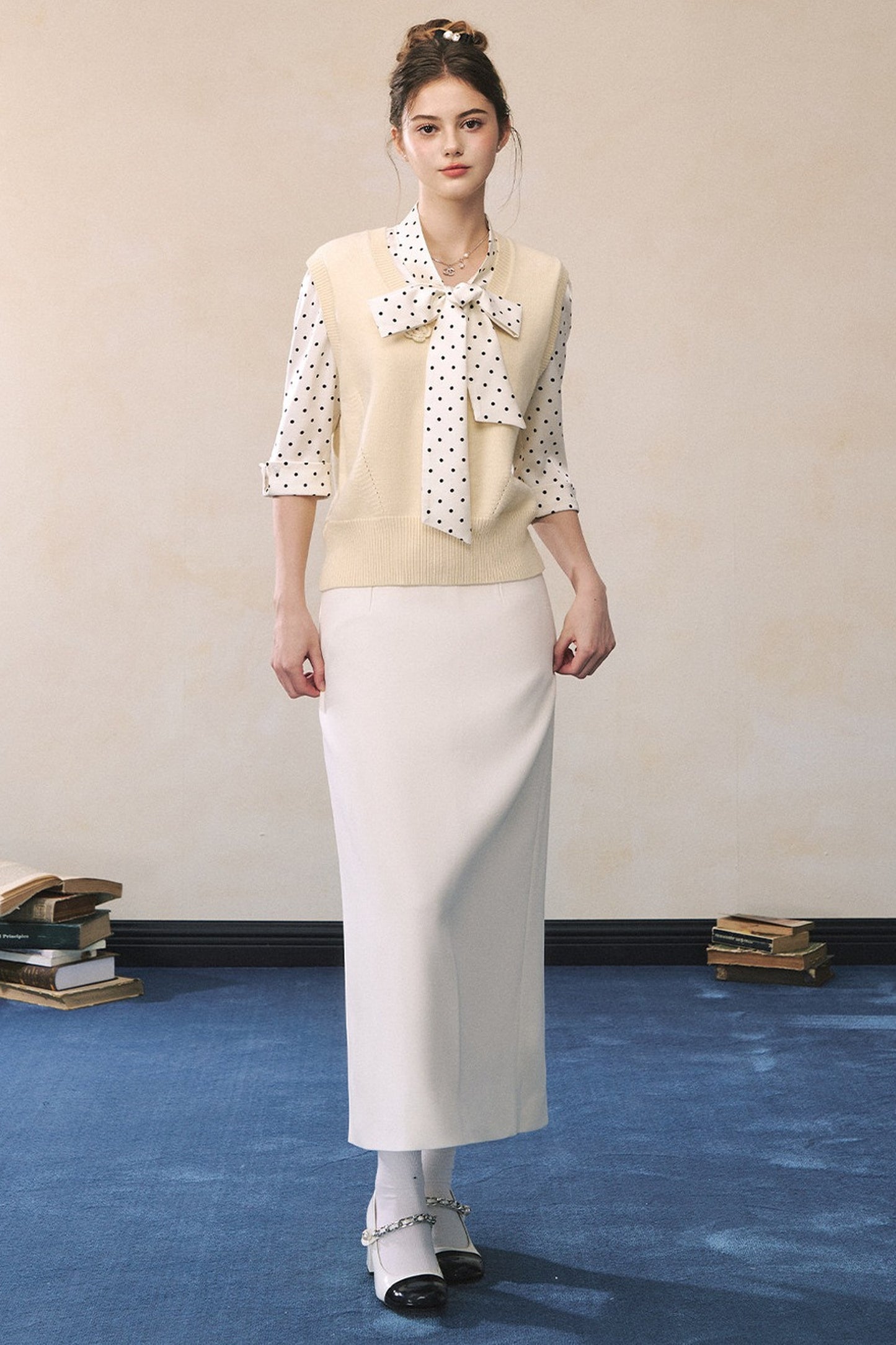 Polka Dot Satin Bow Tie Shirt and Skirt Set-UP