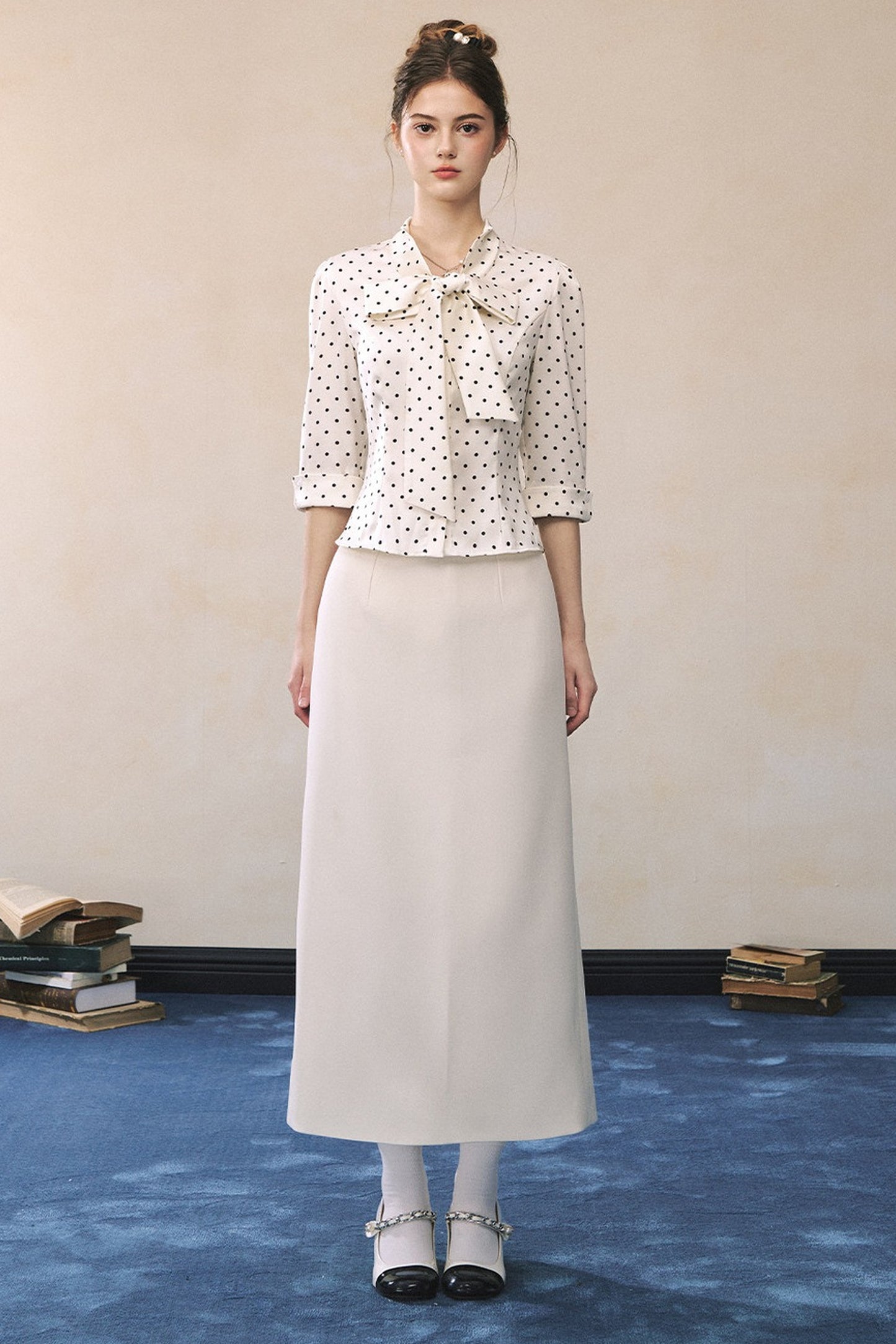 Polka Dot Satin Bow Tie Shirt and Skirt Set-UP