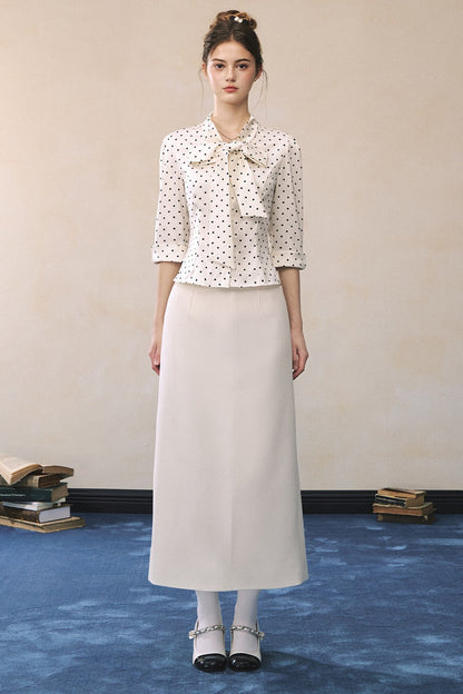 Polka Dot Satin Bow Tie Shirt and Skirt Set-UP