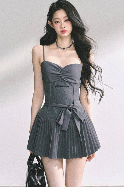 Gray Spaghetti Strap Puffy Dress
