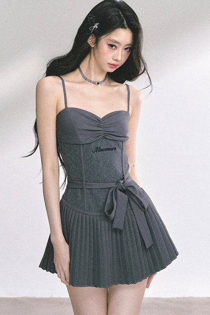 Gray Spaghetti Strap Puffy Dress