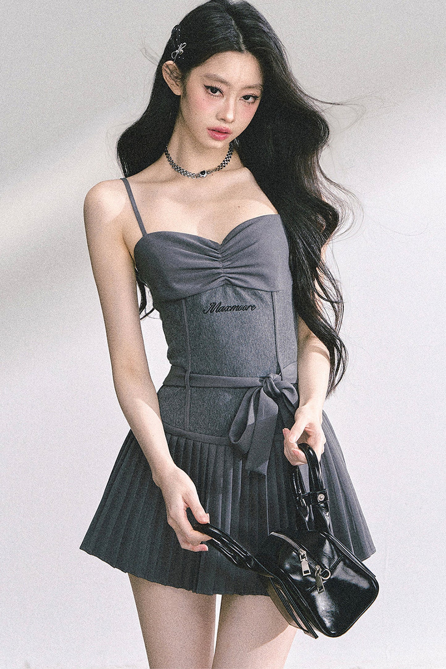 Gray Spaghetti Strap Puffy Dress