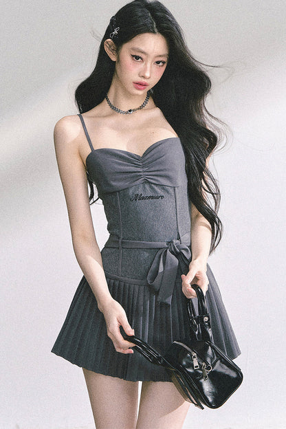 Gray Spaghetti Strap Puffy Dress