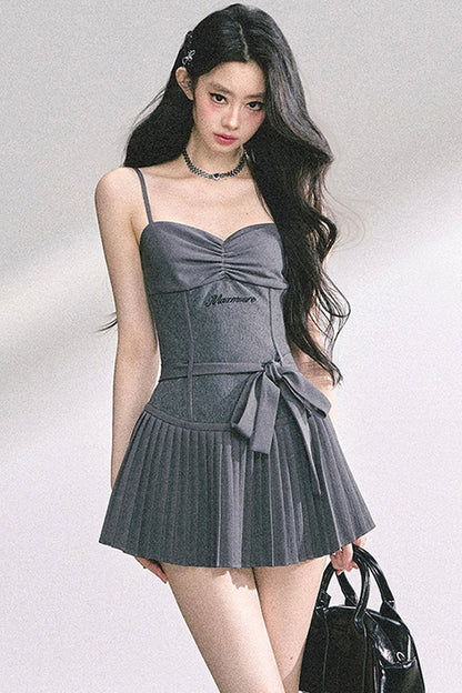 Gray Spaghetti Strap Puffy Dress