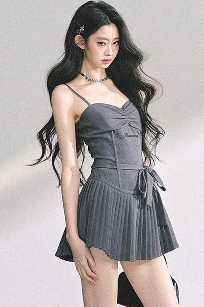 Gray Spaghetti Strap Puffy Dress