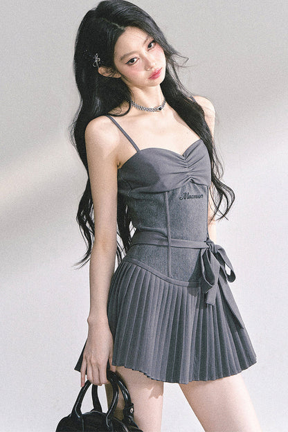 Gray Spaghetti Strap Puffy Dress