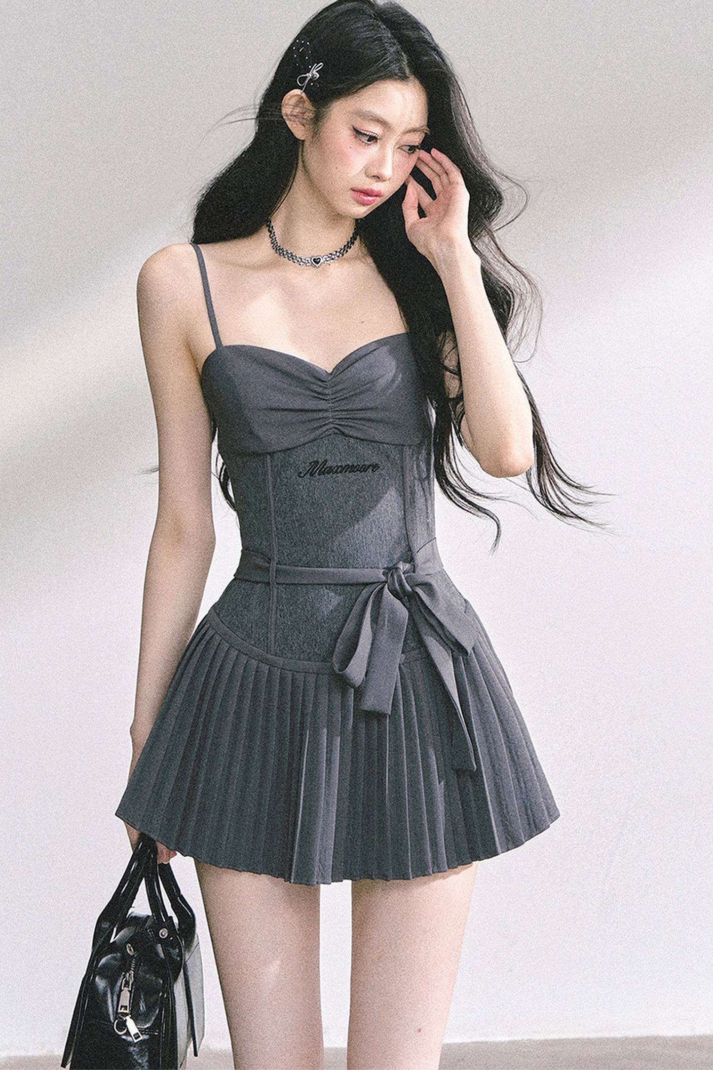 Gray Spaghetti Strap Puffy Dress