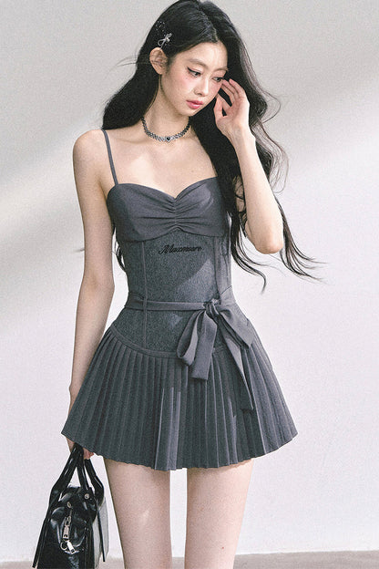 Gray Spaghetti Strap Puffy Dress