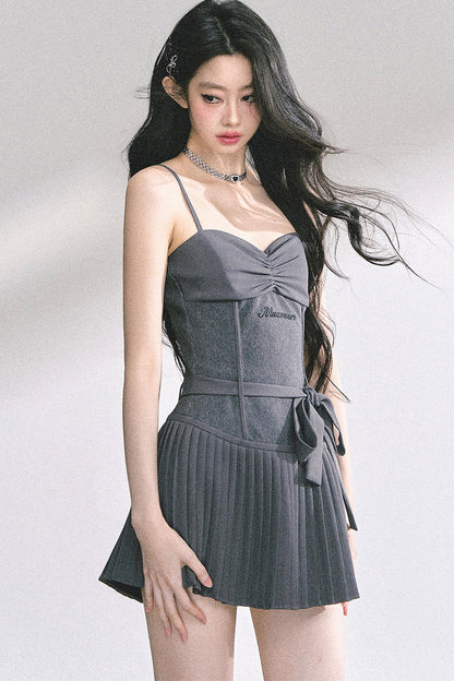 Gray Spaghetti Strap Puffy Dress