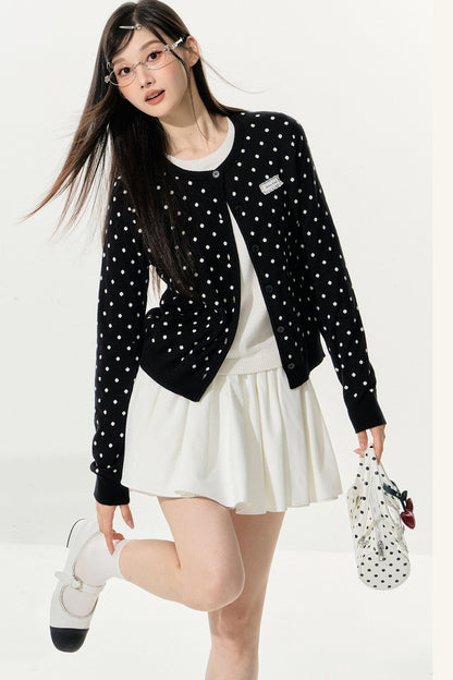 Polka Dot Knitted Cardigan and White Skirt Set-Up