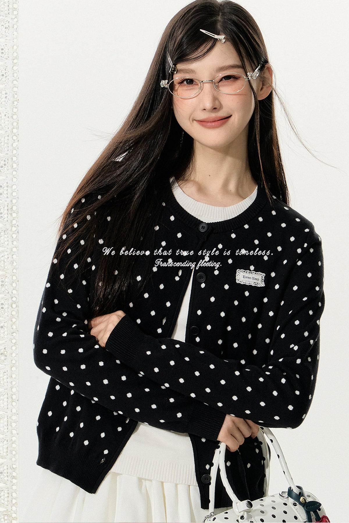 Polka Dot Knitted Cardigan and White Skirt Set-Up