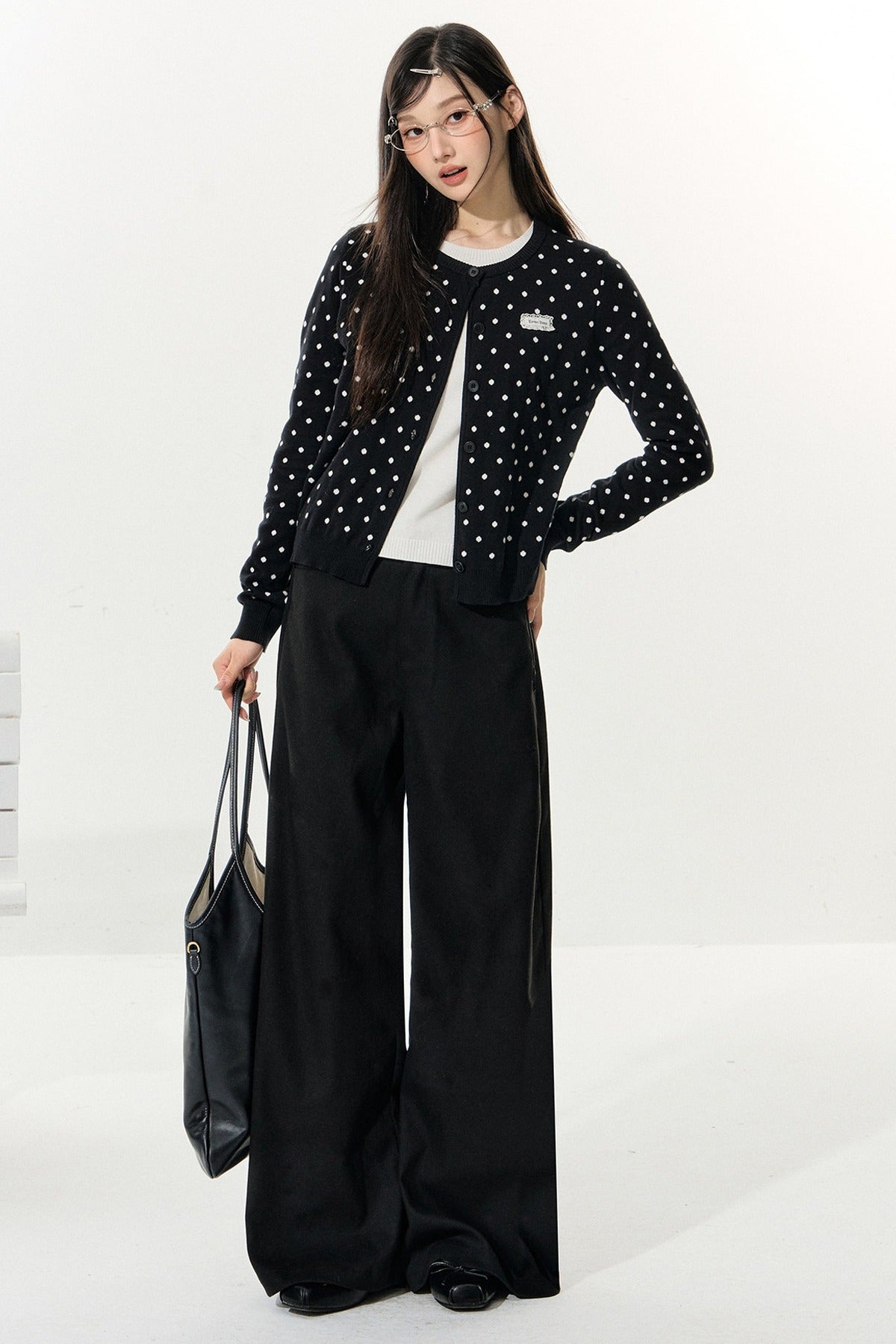 Polka Dot Knitted Cardigan and White Skirt Set-Up
