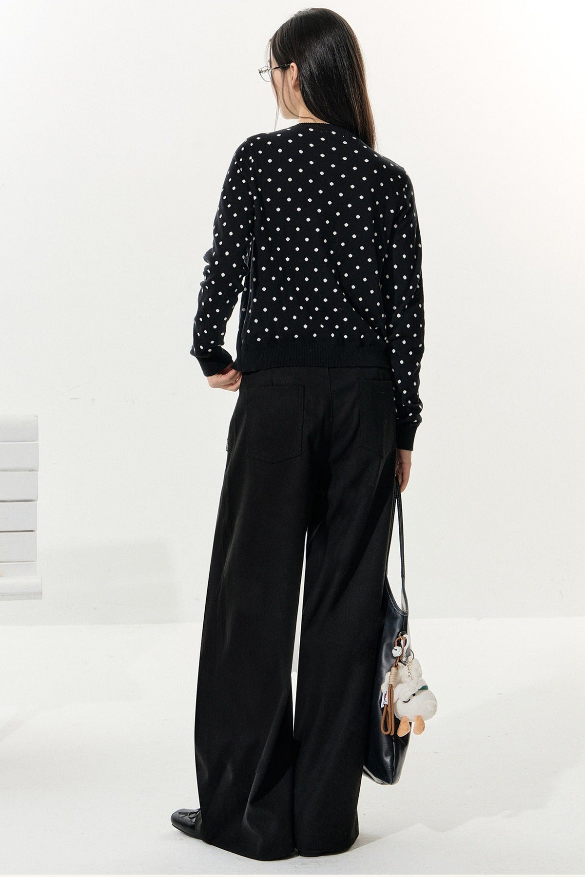 Polka Dot Knitted Cardigan and White Skirt Set-Up