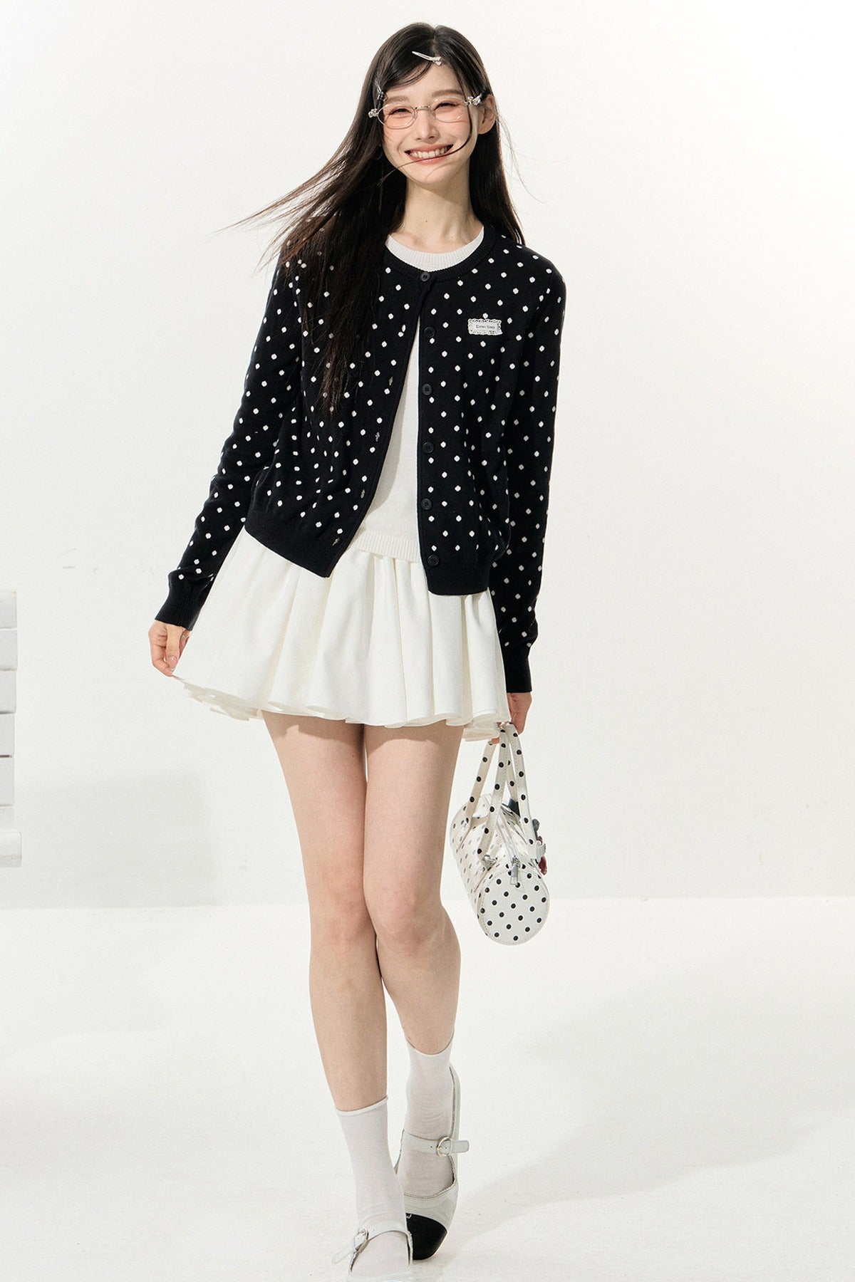 Polka Dot Knitted Cardigan and White Skirt Set-Up