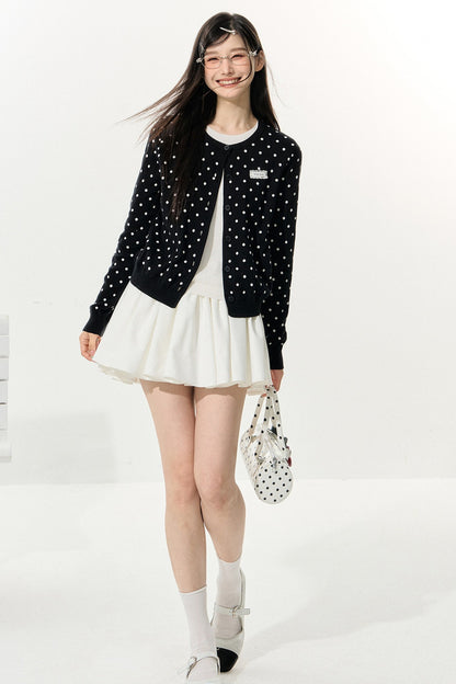 Polka Dot Knitted Cardigan and White Skirt Set-Up