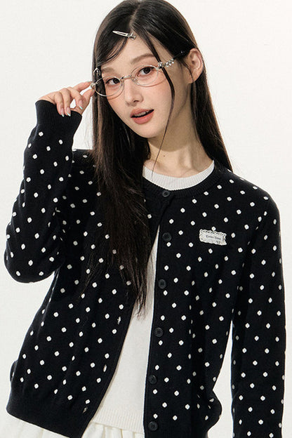 Polka Dot Knitted Cardigan and White Skirt Set-Up