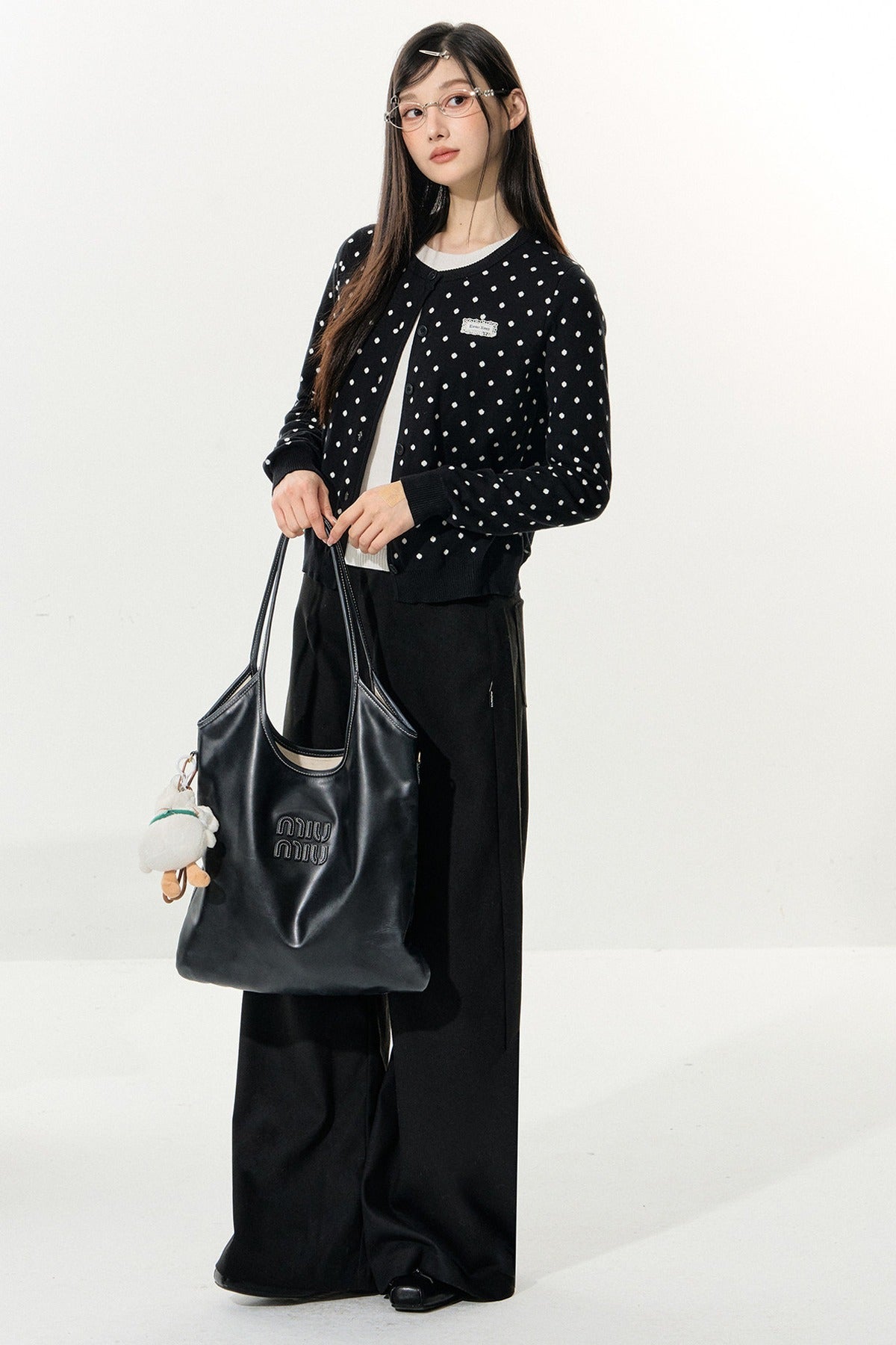 Polka Dot Knitted Cardigan and White Skirt Set-Up