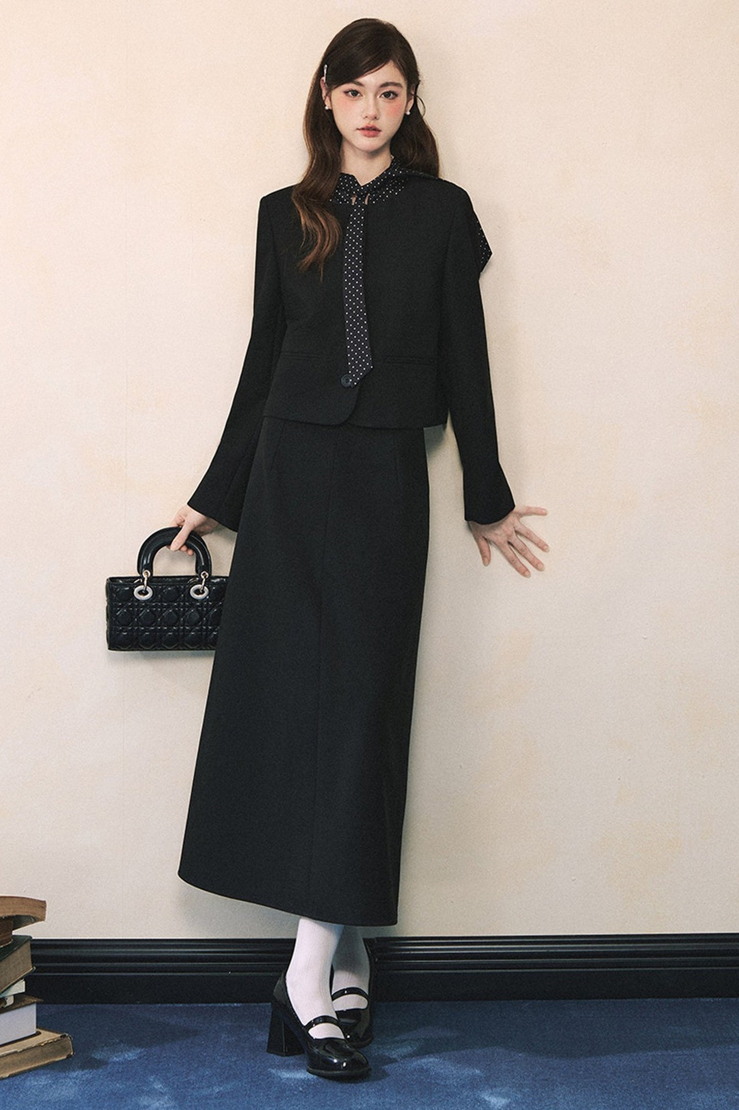 Black Polka Dot Tie Blazer And Skirt Set-Up