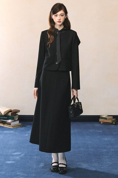 Black Polka Dot Tie Blazer And Skirt Set-Up