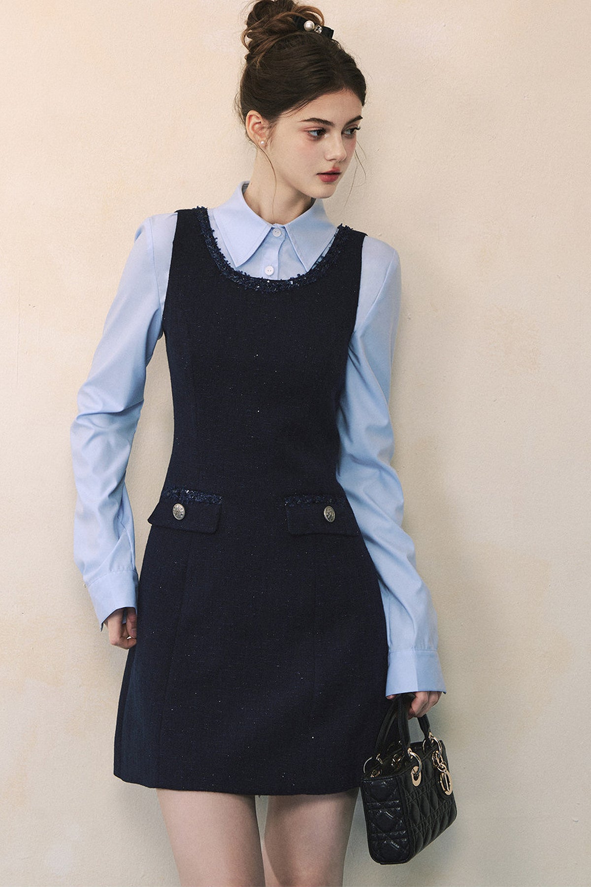 Blue Long-Sleeve Shirt Navy Dress Set-Up