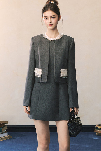 Miu Style Tweed Blazer Sleeveless A-Line Dress Set-Up