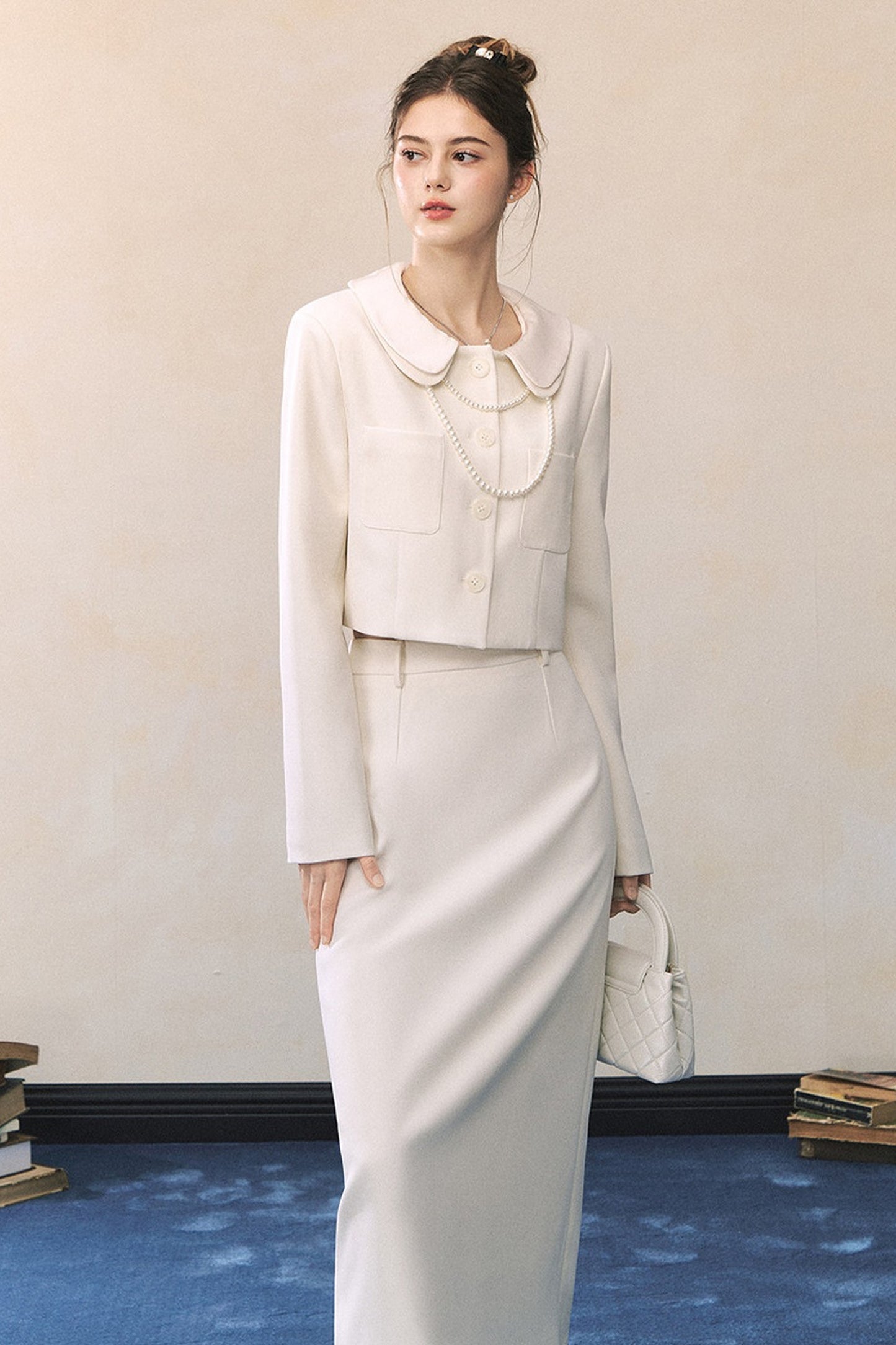 White Short Blazer And High-Waisted Skirt Set-Up