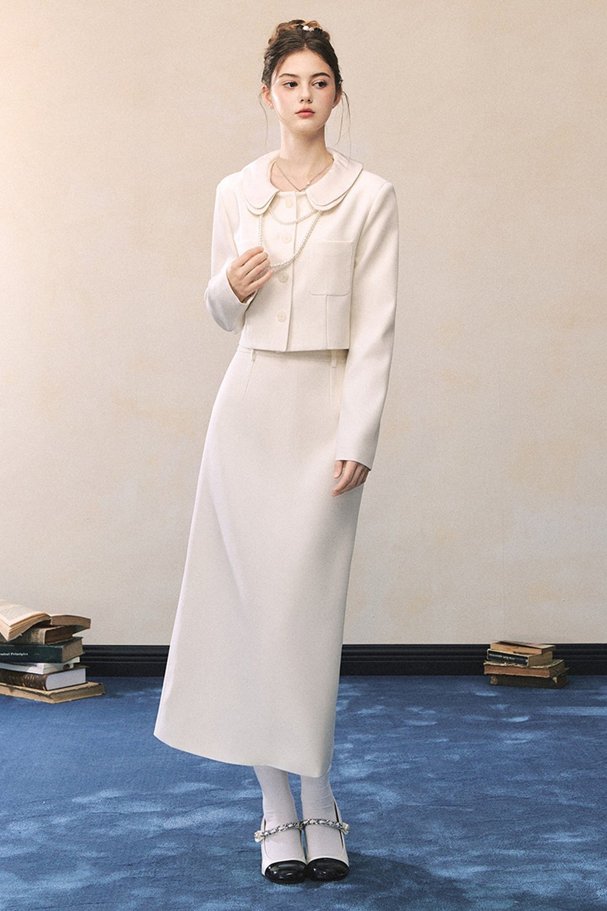 White Short Blazer And High-Waisted Skirt Set-Up