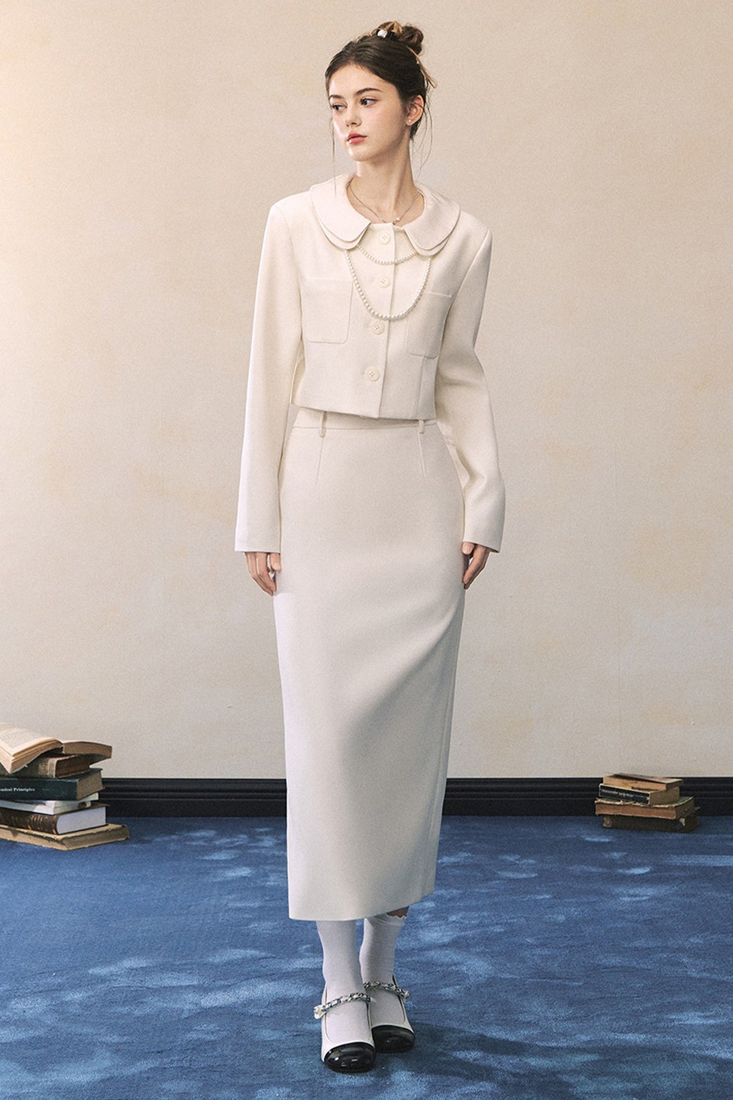 White Short Blazer And High-Waisted Skirt Set-Up
