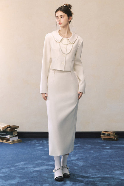 White Short Blazer And High-Waisted Skirt Set-Up