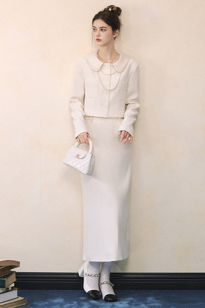 White Short Blazer And High-Waisted Skirt Set-Up
