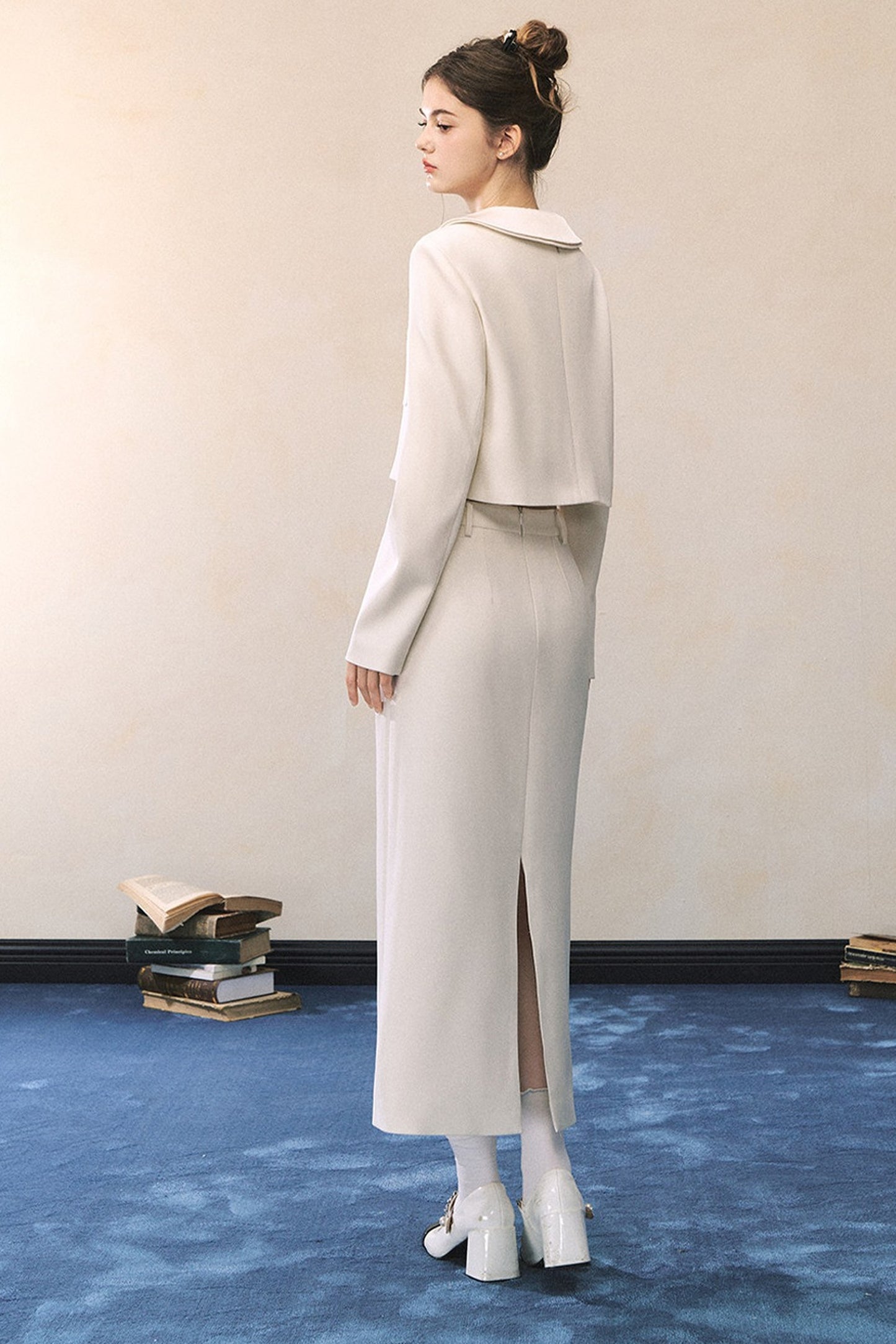 White Short Blazer And High-Waisted Skirt Set-Up
