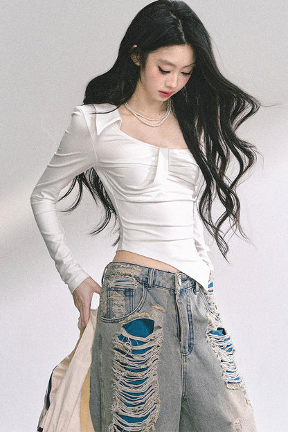 T-shirt a maniche lunghe con spalle scoperte irregolare