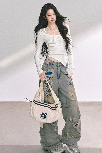 Irregular Long-Sleeved Off-Shoulder Top