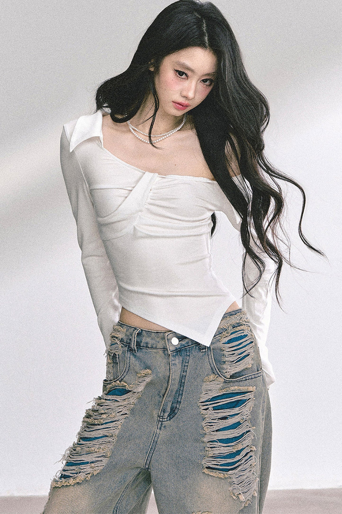 Irregular Long-Sleeved Off-Shoulder Top