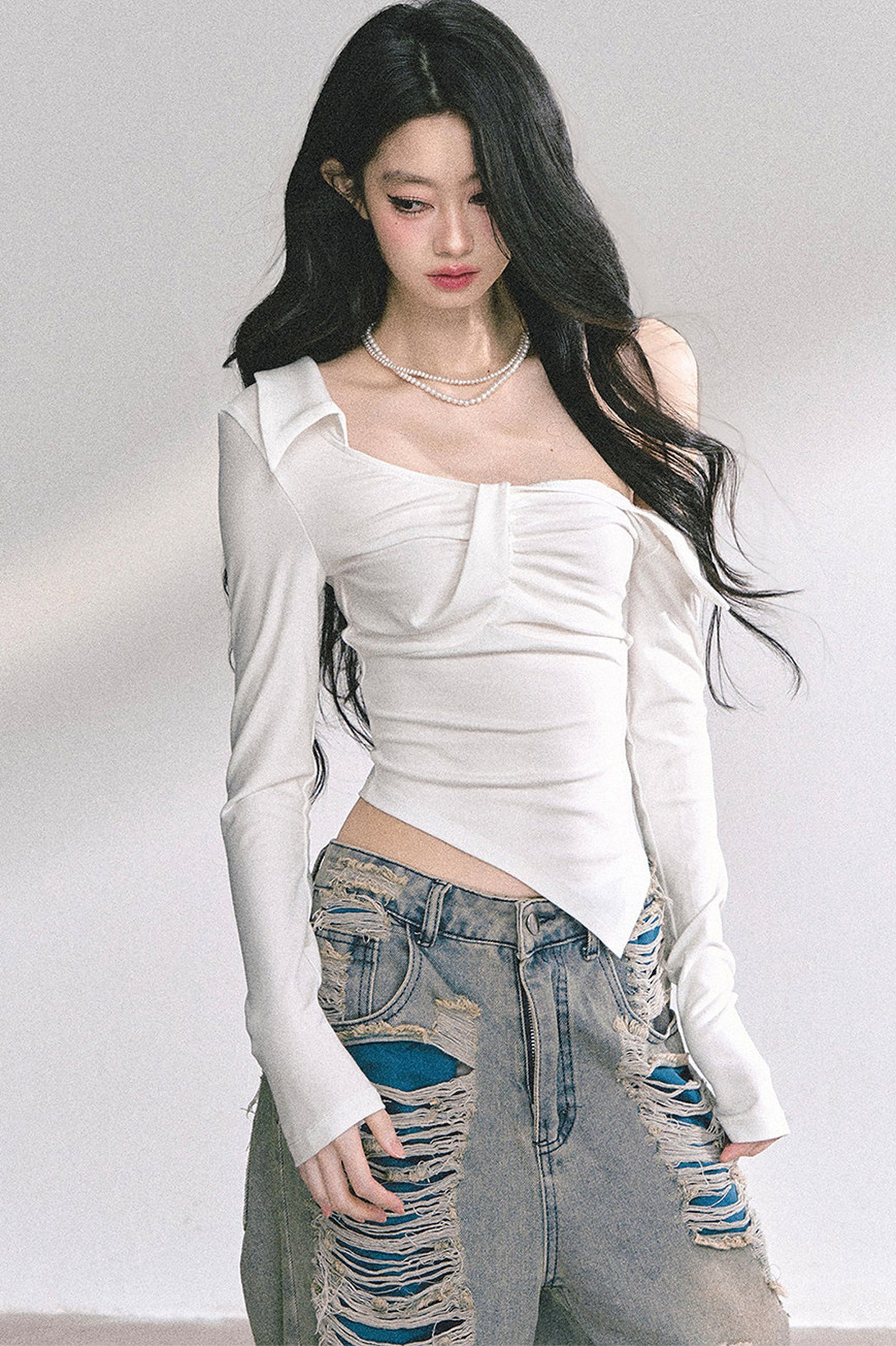 Irregular Long-Sleeved Off-Shoulder Top