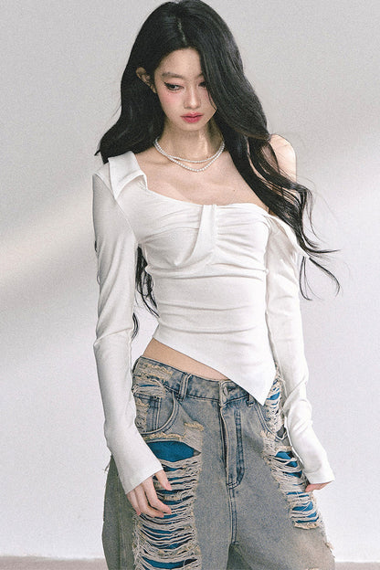 Irregular Long-Sleeved Off-Shoulder Top