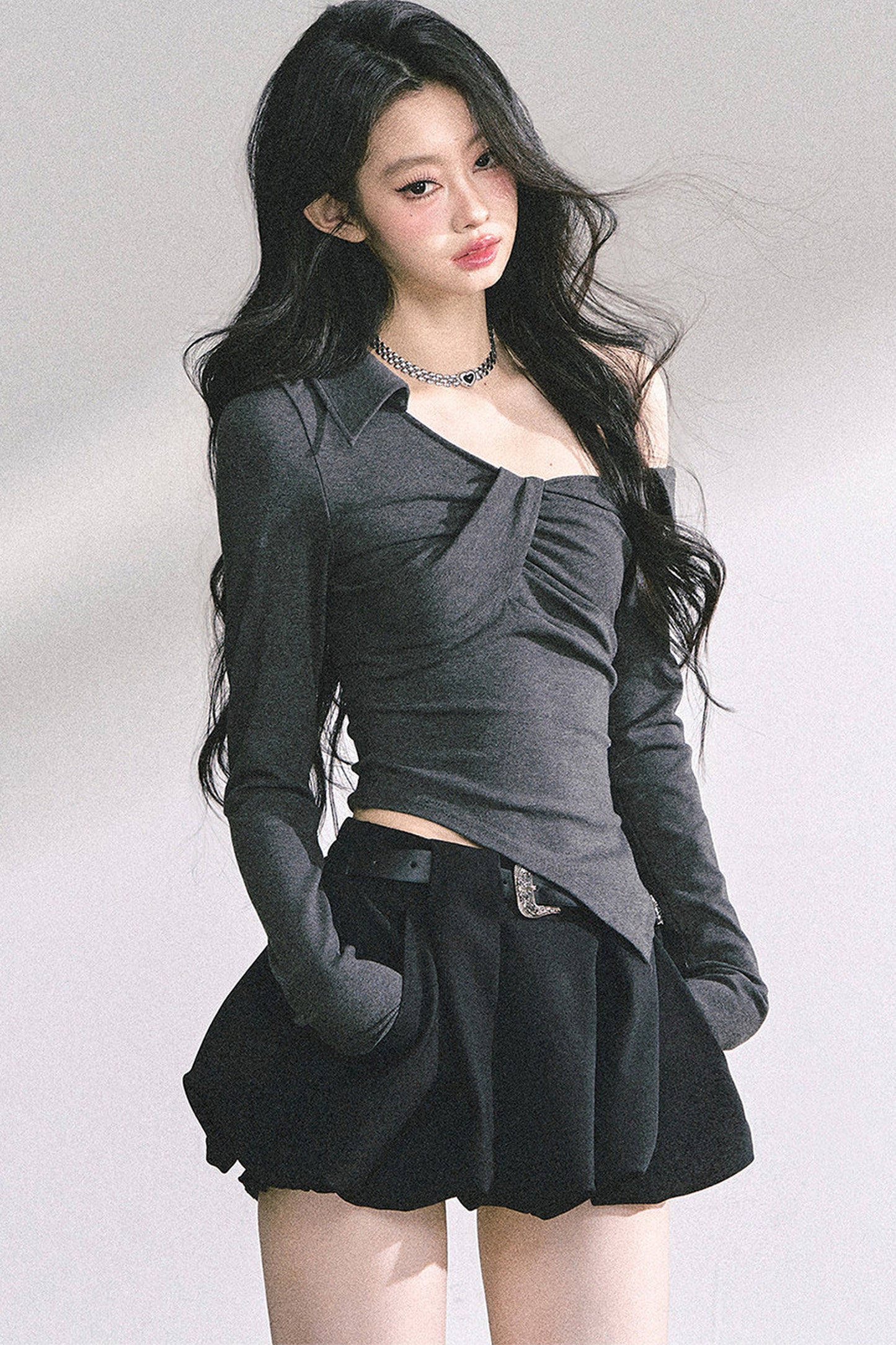 Irregular Long-Sleeved Off-Shoulder Top