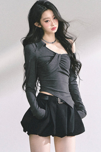 Irregular Long-Sleeved Off-Shoulder Top