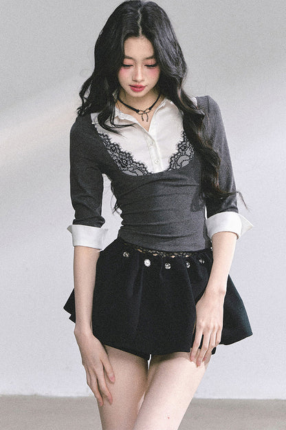 Lace Polo Collar Blouse