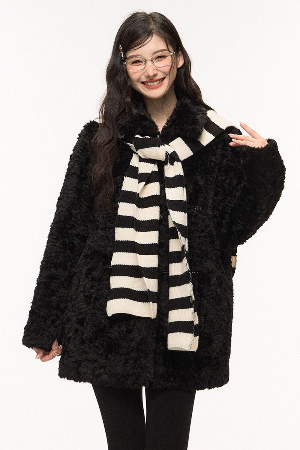Wool Fur Horn Button Coat and Pants Set-Up