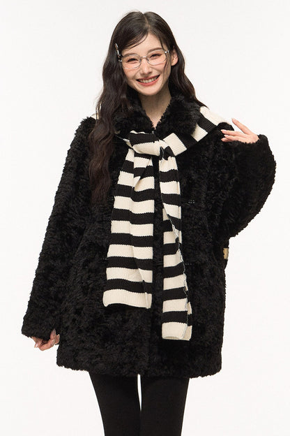 Wool Fur Horn Button Coat and Pants Set-Up