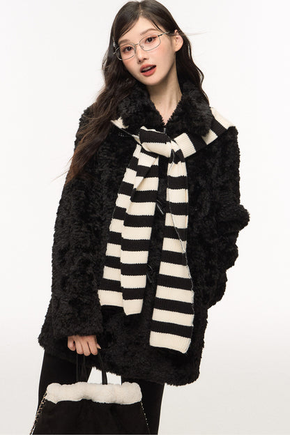 Wool Fur Horn Button Coat and Pants Set-Up