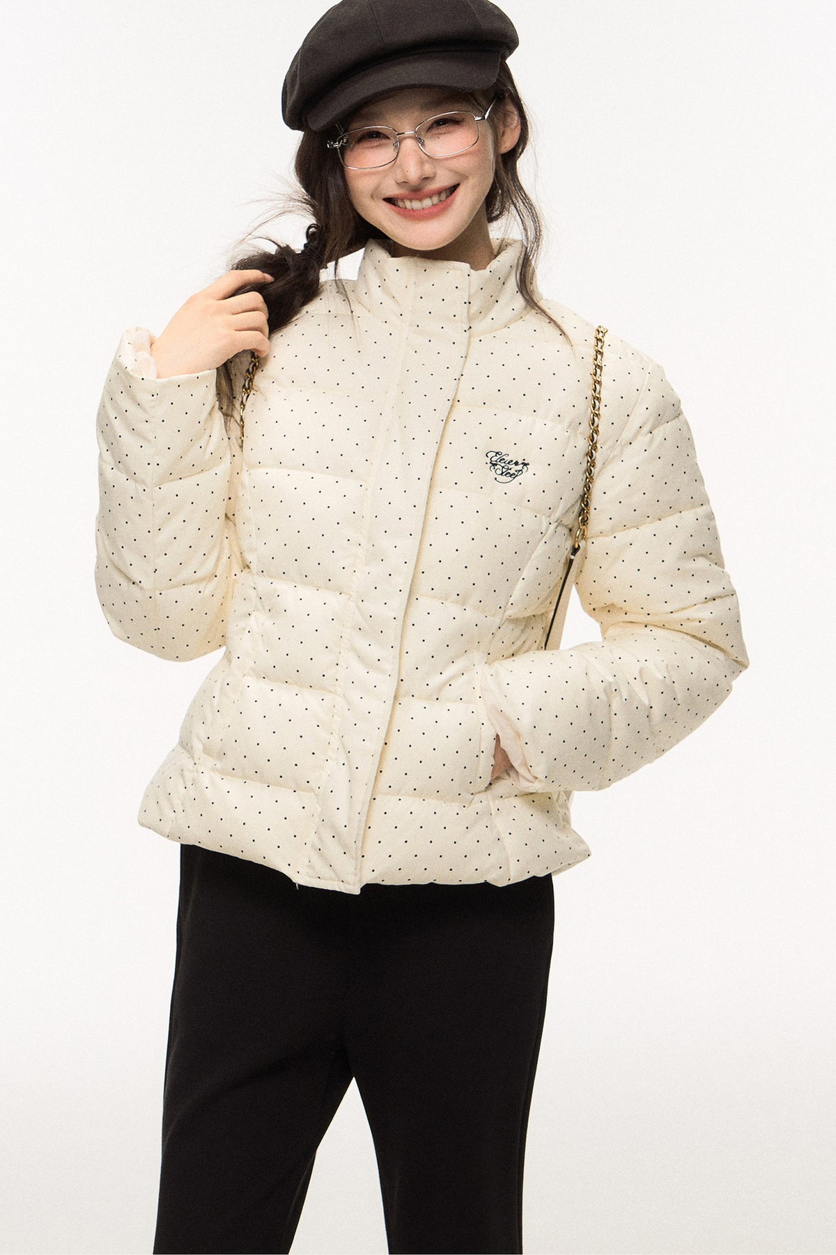 Polka Dot Puffy Jacket and Bell Bottom Pants Set-Up